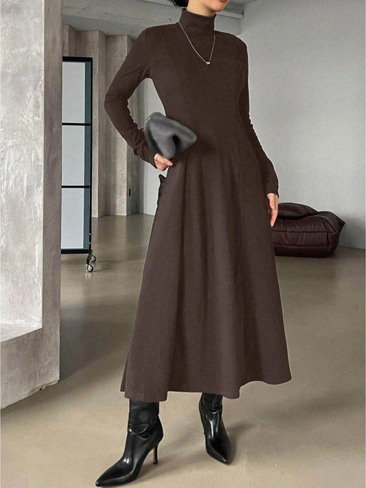 High Neck Long Sleeve Swing Midi Dress For Women Slim Fit Side Slit Elegant Daily Dress