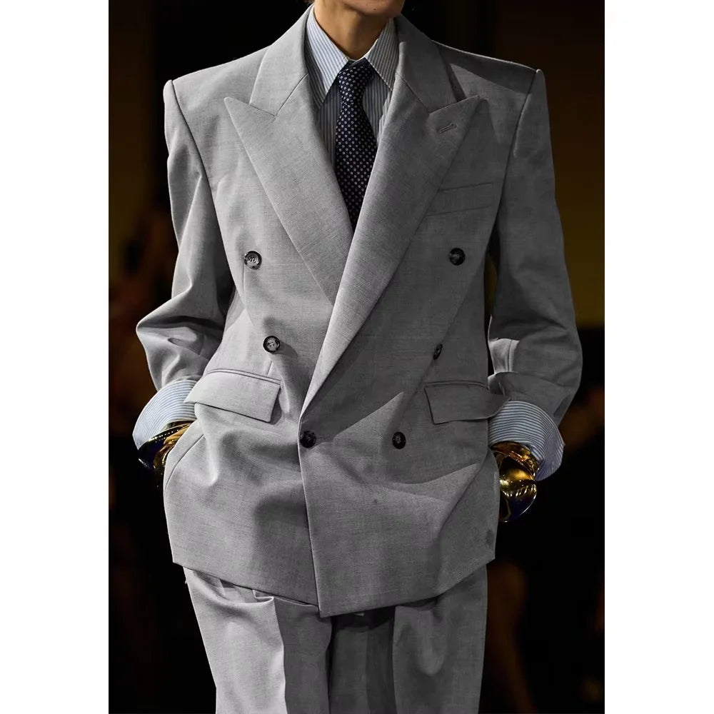 Men's Linen Suit Set Double Breasted 2 Pieces Peak Lapel Oversized Breathable Soft Formal Jacket Pants Outfit Business Casual