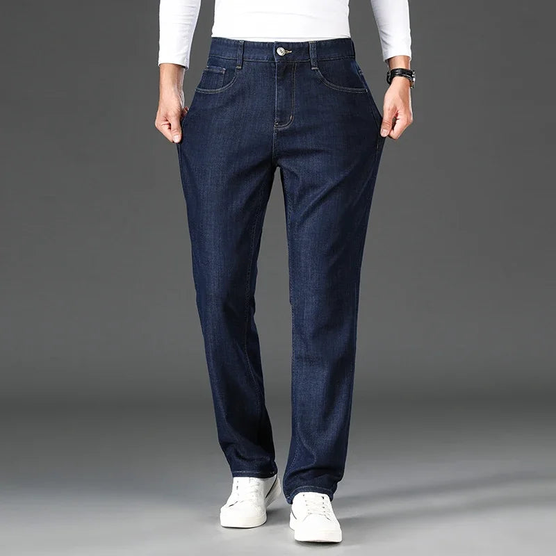 BROWON Brand 2026 Summer Straight Jeans Male Zipper Fly Casual Thin Black Jeans Men Business Solid Color Elasticity Pant Man