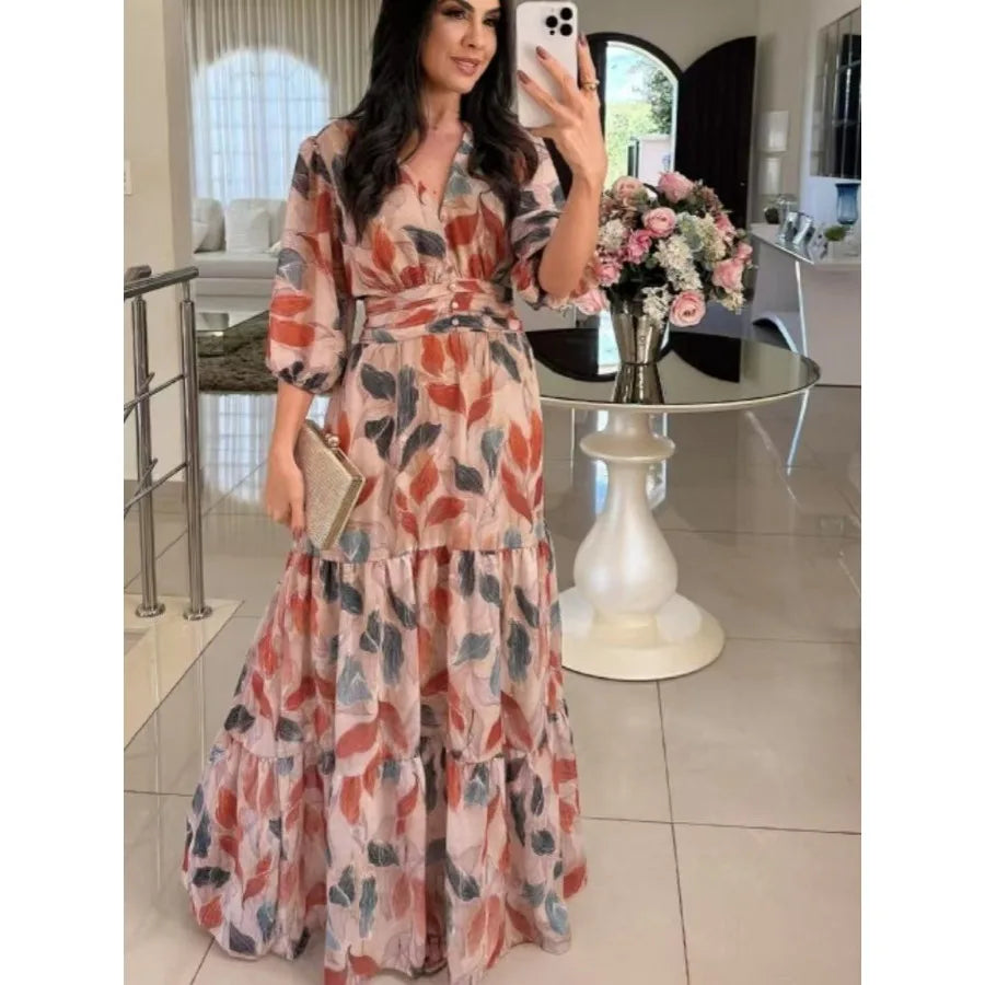 2026 European and American women's clothing summer new style V-neck fashionable elegant printed long dress for women