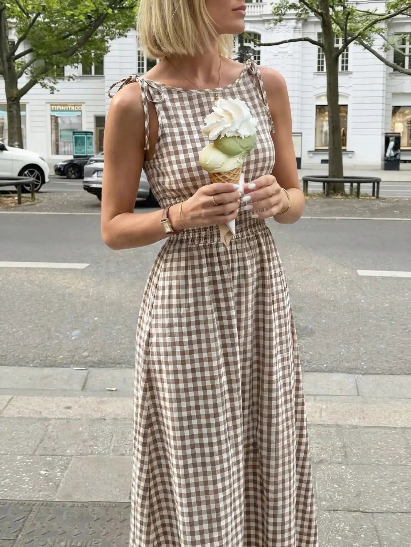 Brown Gingham Maxi Dress For Women Bow Tie Straps Smocked Waist Casual Elegant Summer Dress