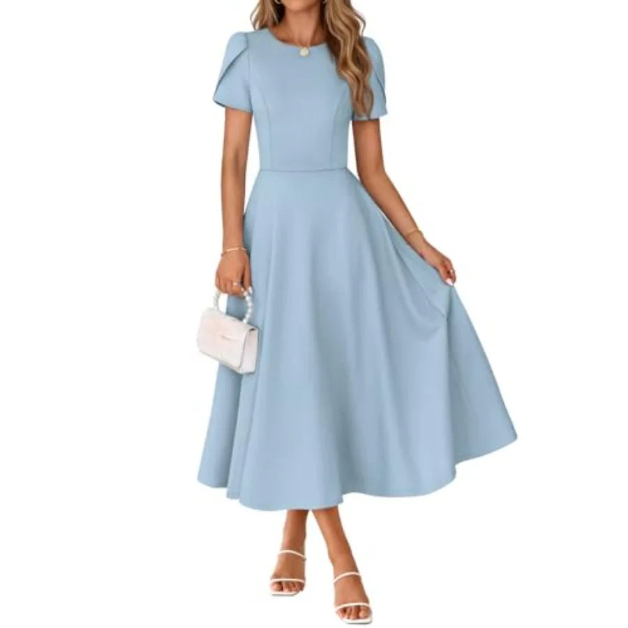 MEROKEETY Women's 2026 Summer Midi Dresses Short Sleeve Crewneck A Line Pleated Wedding Guest Flowy Long Dress with Pockets