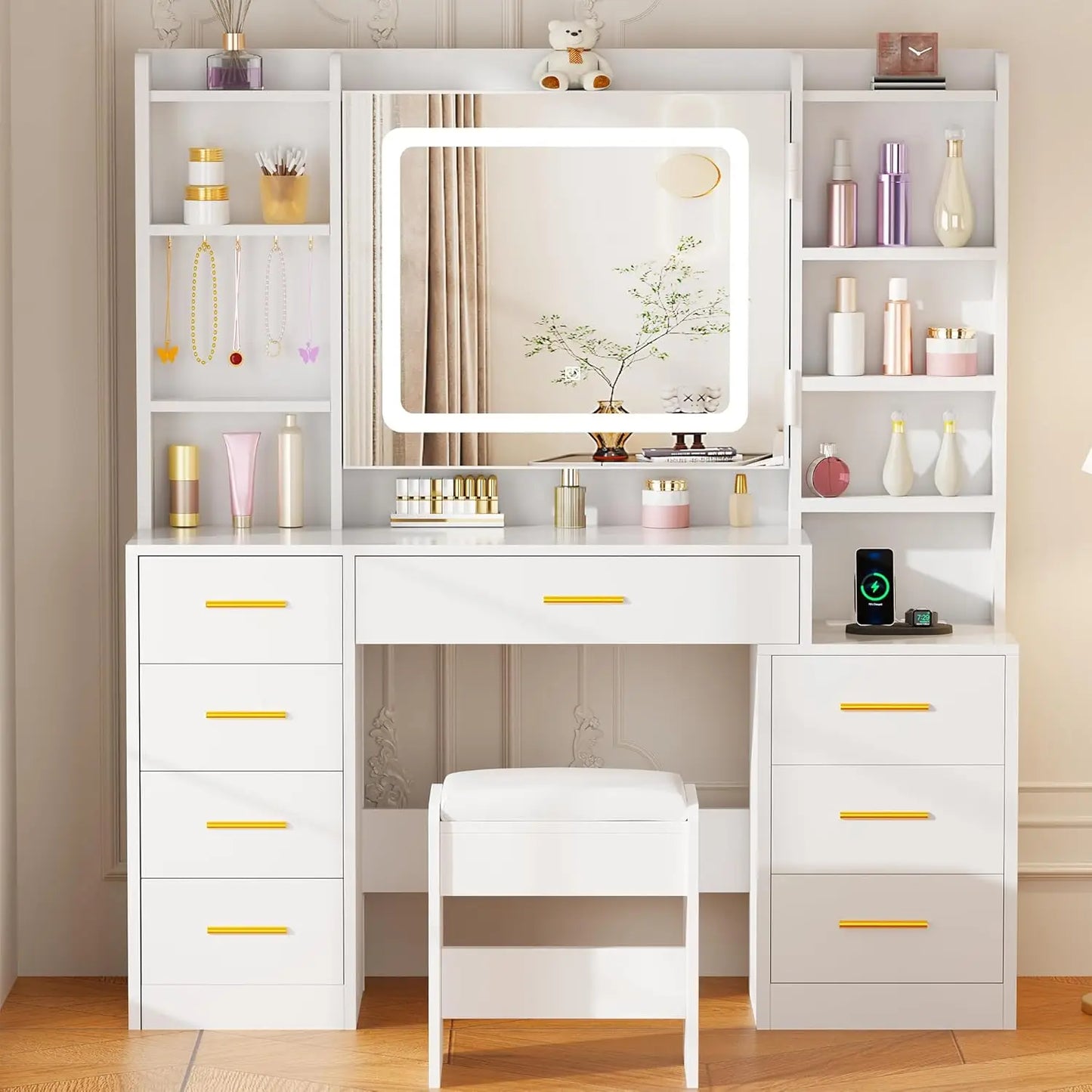Large Vanity Desk with Mirror and Lights,White Makeup Vanity Table with Power Outlet,Makeup Desk with 8 Drawers,7, Customized