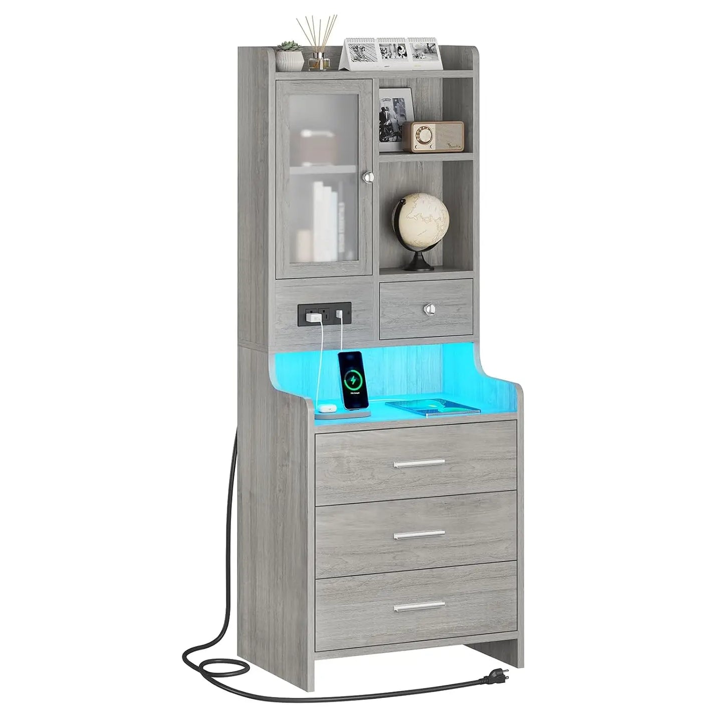 Grey Nightstand Set of 2 with Charging Station,49.2" LED Night Stand for Bedroom,Tall Bedside Table with Bookshelf, Customized