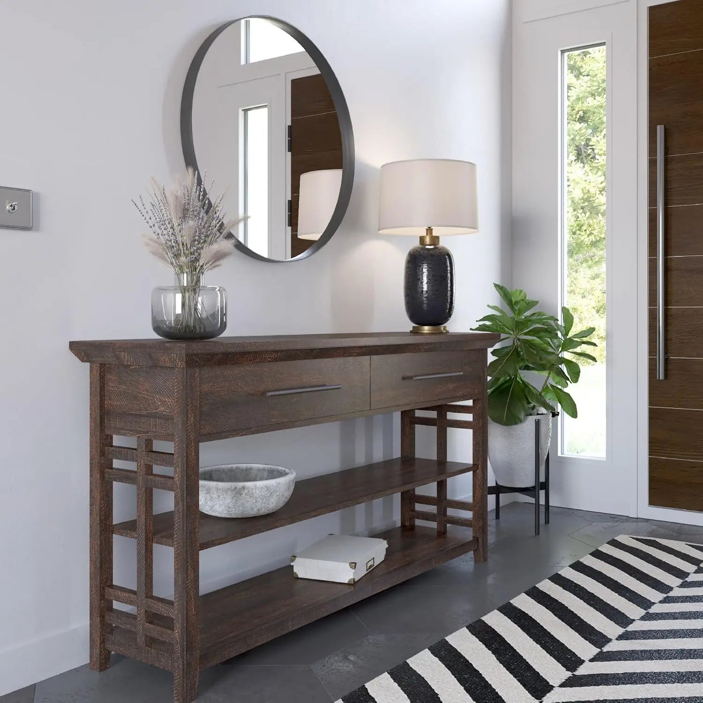 Three-Tier Console Table With Storage Shelves And Drawers