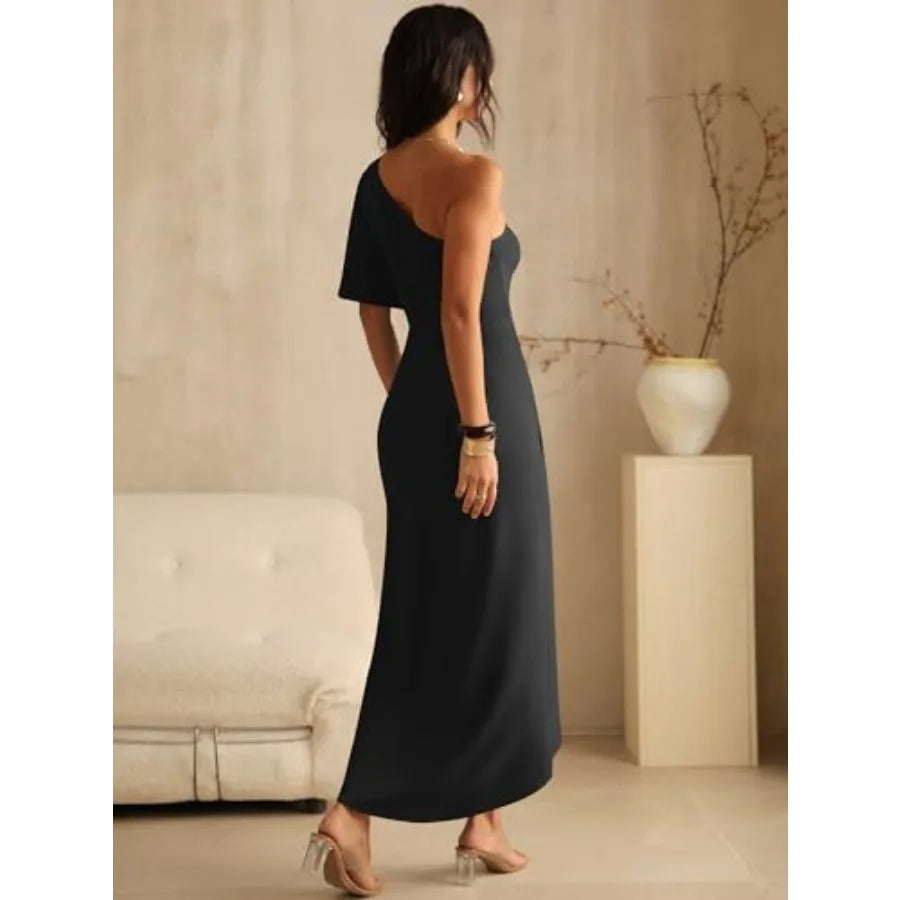 ANRABESS Womens One Shoulder Formal Midi Dresses 2026 Summer Wrap High Slit Beach Wedding Guest Party Cocktail Maxi Dress