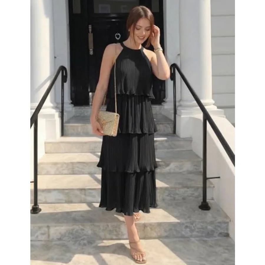 ZESICA Women's 2026 Summer Sleeveless Halter Neck Ruffle Tie Layed Chiffon Flowy Swing Long Midi Dress