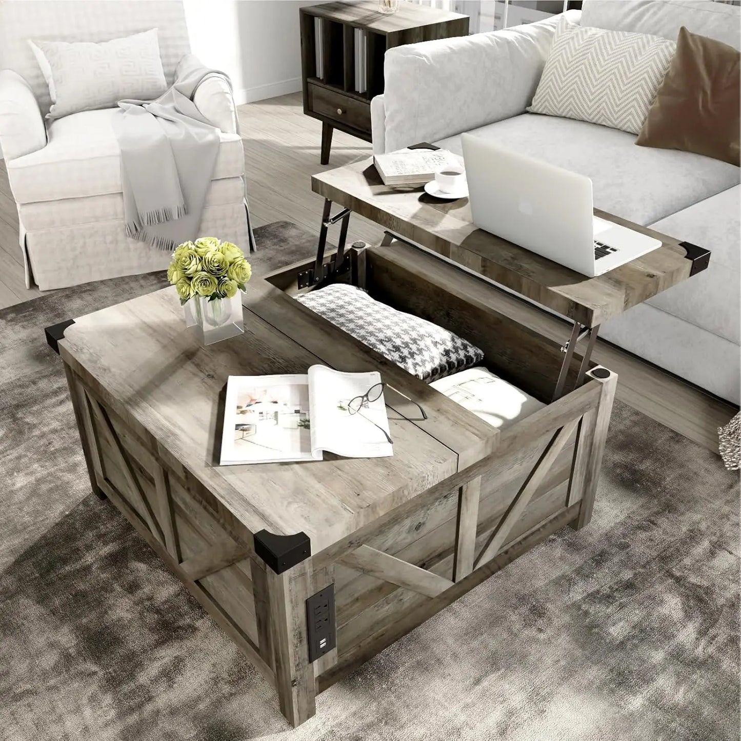 Farmhouse Lift Top Coffee Table with Storage, Wood Square Center Table with Charging Station&USB Port, Living Room, Customized