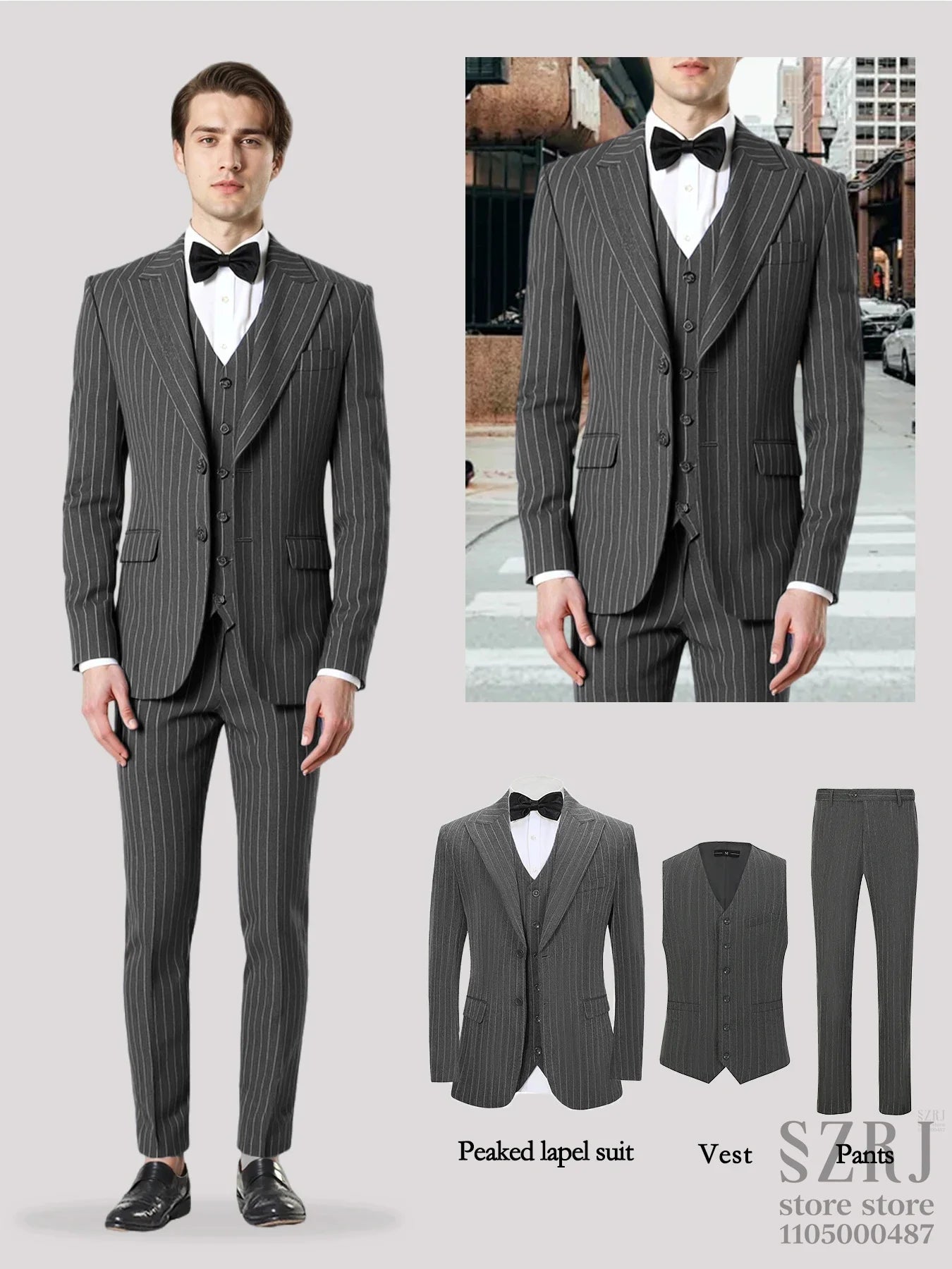 Men's three piece vertical striped gray suit - double button jacket+vest+pants, suitable for wedding/business/daily wear