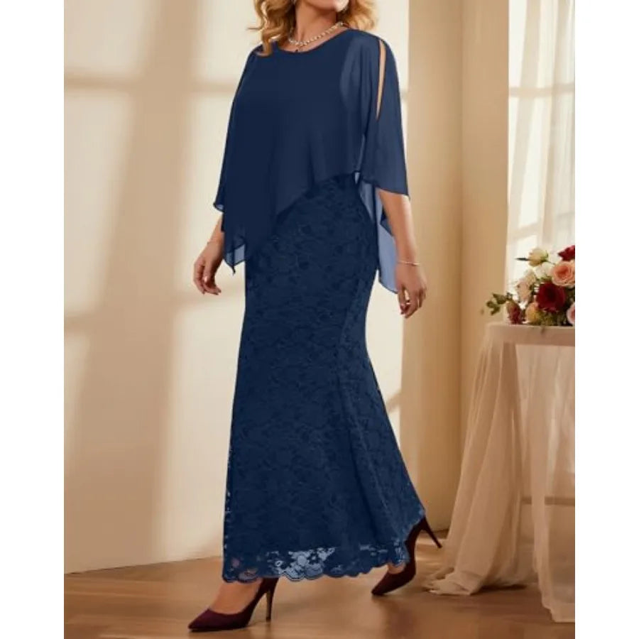 Women's Size Cape Dress with Chiffon Overlay Gown Formal Evening Lace Long Mermaid Dresses