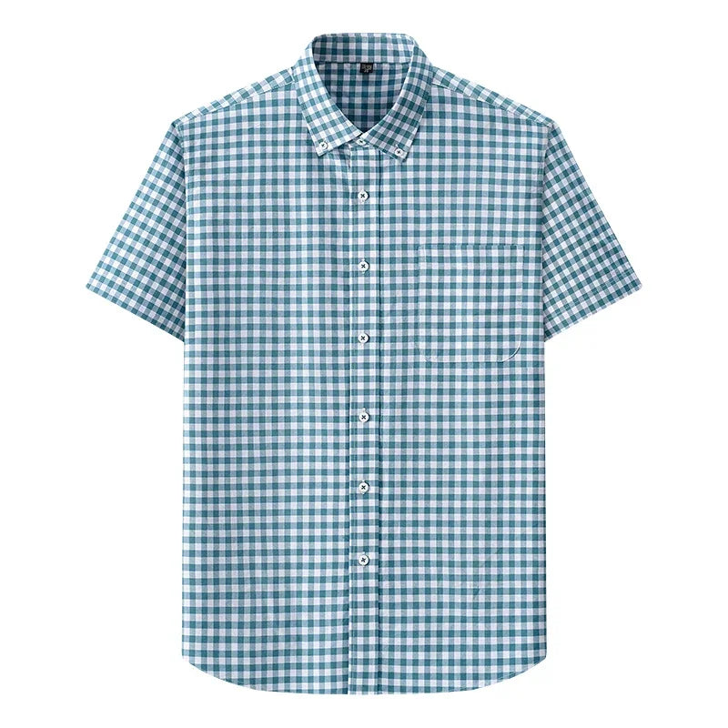 Browon Men Classic Short Sleeve Plaid Cotton Oxford Shirt