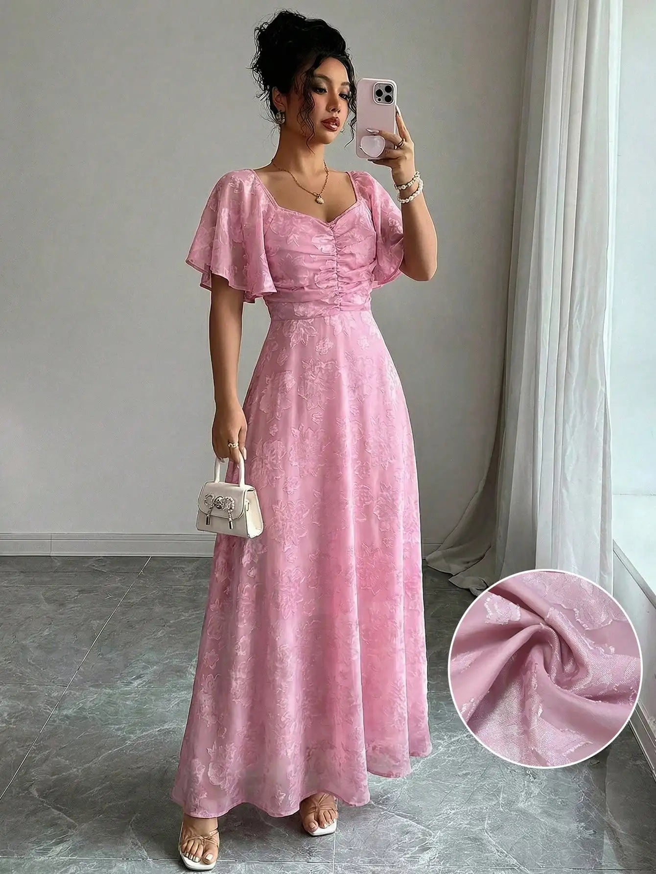 Women's Chiffon Butterfly Print Ruched Square Neck Batwing Sleeve Maxi Dress
