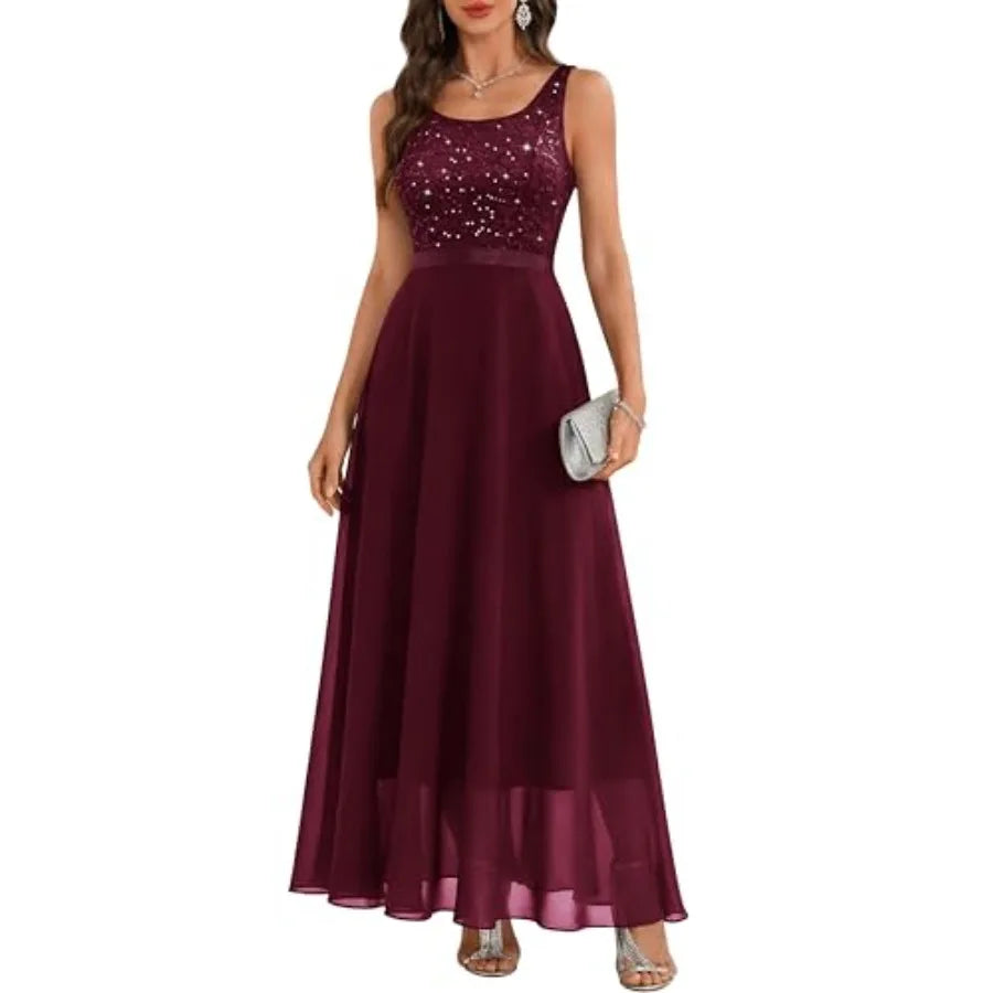 BeryLove Sequin Formal Dress for Woman A Line Lace Prom Dresses Sleeveless Cocktail Maxi Gowns