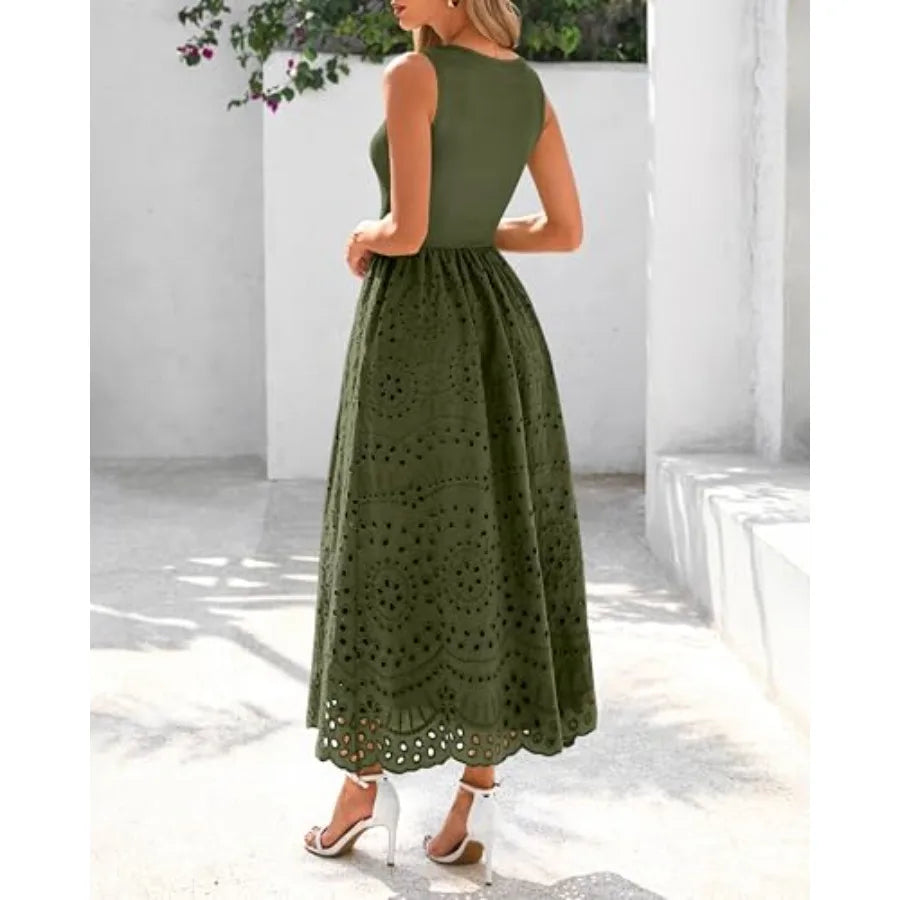 dowerme Women Summer Dresses 2026 Casual Sleeveless Crewneck A-Line Boho Lace Eyelet Cotton Tank Maxi Dress with Pockets