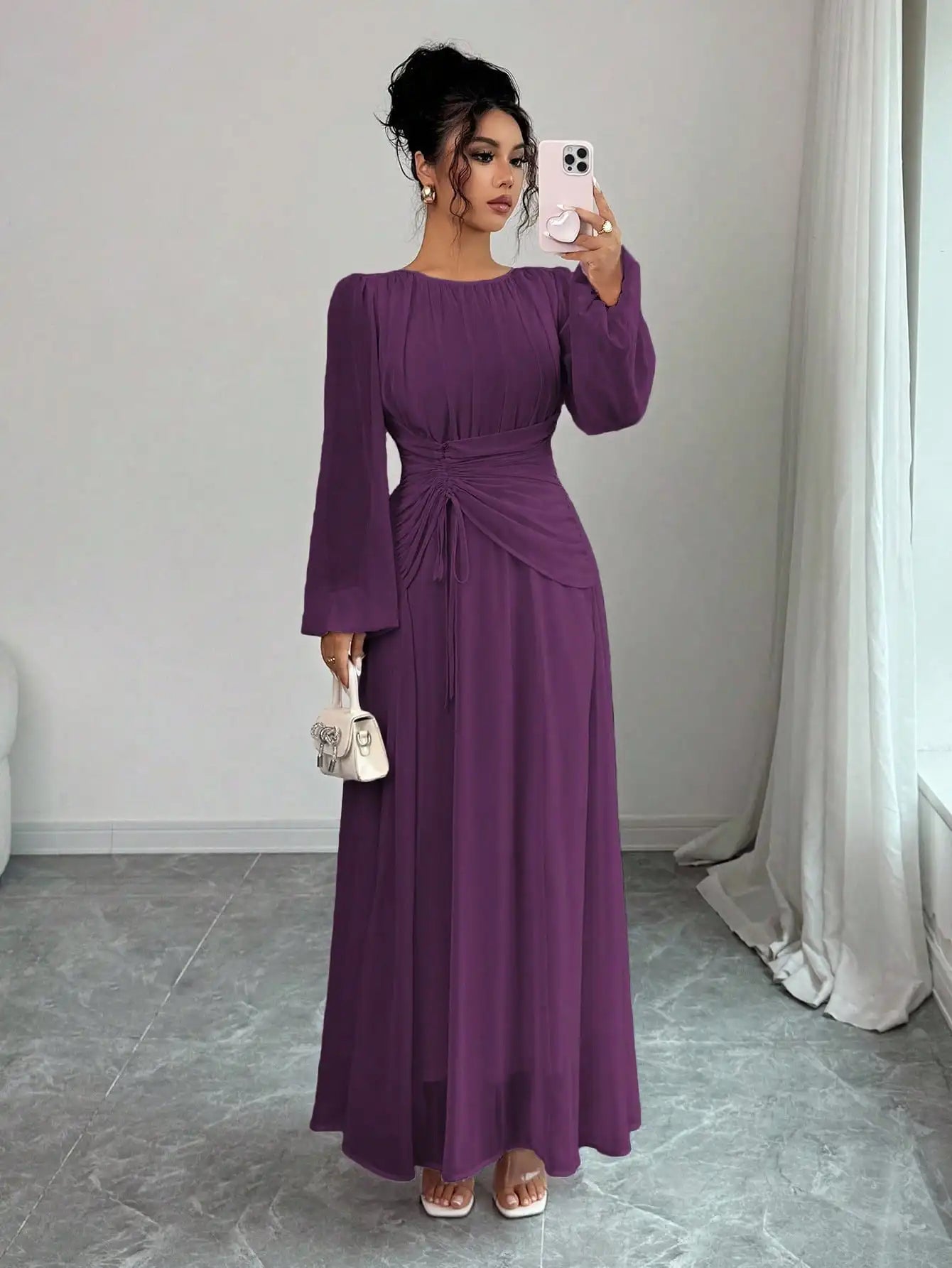 Women's Spring Summer Romantic Elegant Ruched Waist A-Line Long Sleeve Maxi Dress