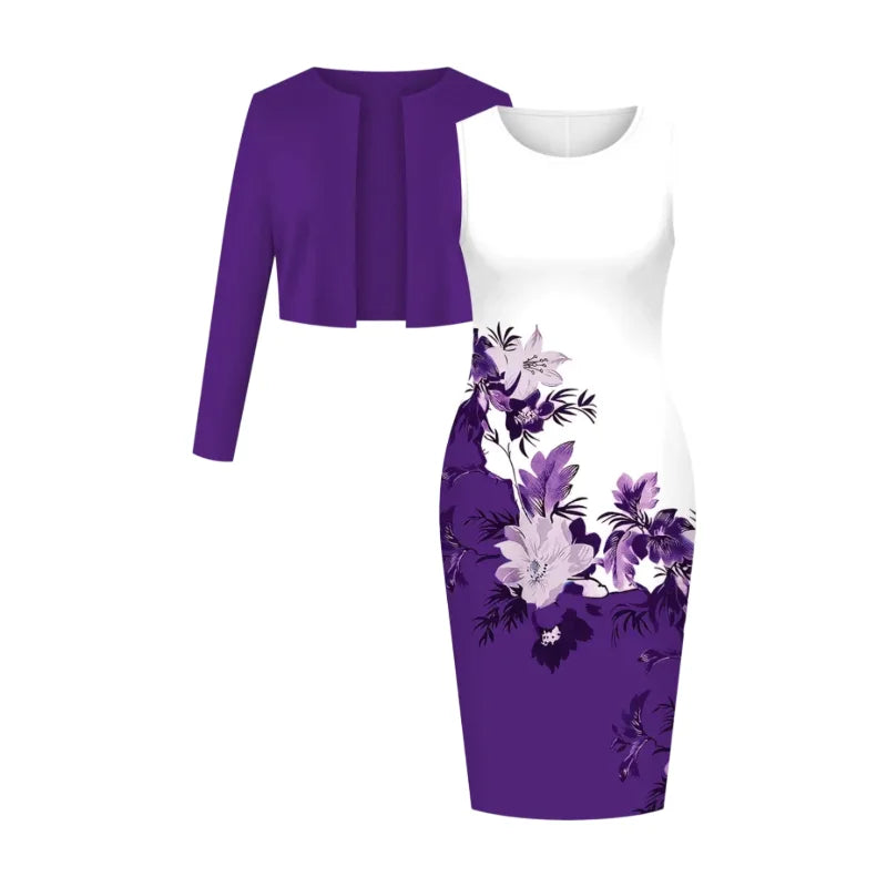 Women's Long Sleeve Open Front Cropped Cardigan Sleeveless Floral Print Midi Dress For Daily Brunch Church Weekend Casual Occasions