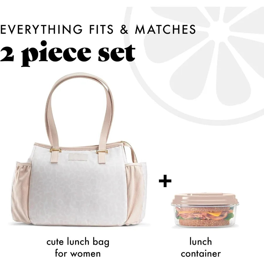 Copley Lunch Kit - Insulated, Stain-Resistant & Lightweight Women's Lunch Bag With Container, Ivory Feline Fine
