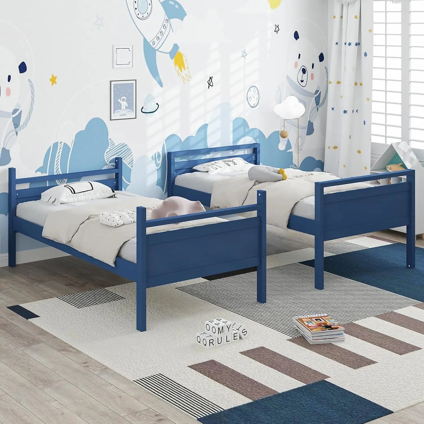 Twin Over Twin Bunk Bed for Kids, Solid Wood Bunk Bed with Ladder and Safety Guardrails, Convertible into 2, Customized