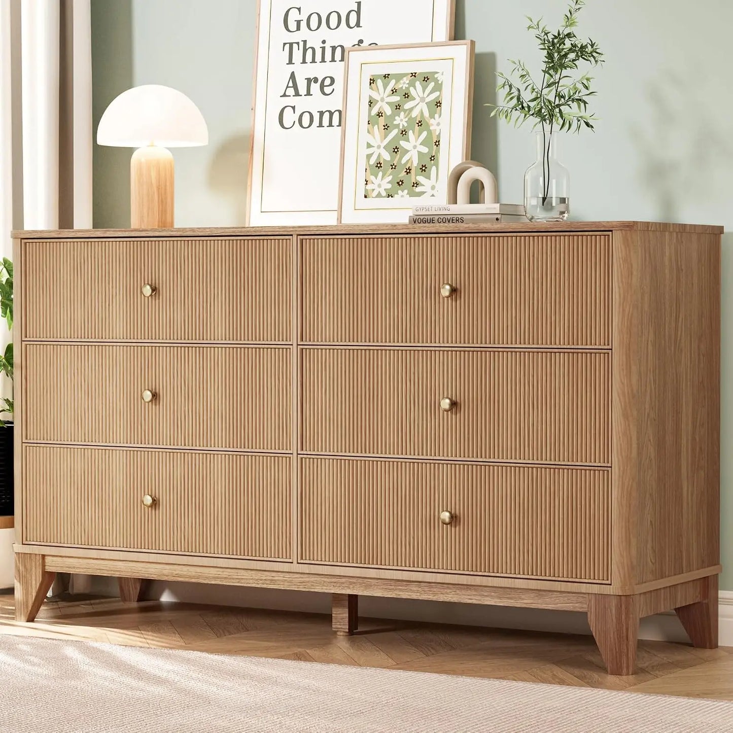 54" Wide Modern Fluted Wooden 6 Drawer Dresser, Multi-Functional Bedroom TV Storage Chest with Smooth Round Corners, Customized