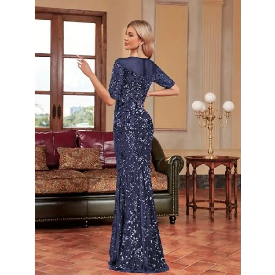 Short Sleeve Glitter Mermaid Evening Dress for Mother of The Bride Patchwork Women's Sequin Formal Gown