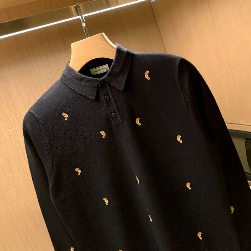 Mens Vintage Seahorse Embroidered Knit Polo Shirt Long Sleeve