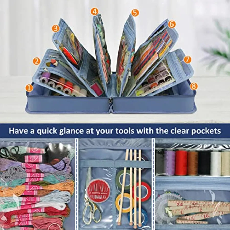 Sewing and Craft Supplies Storage Tote Large Capacity Travel Packing Organizer Bag with Clear Pockets and Handle for Knitting C