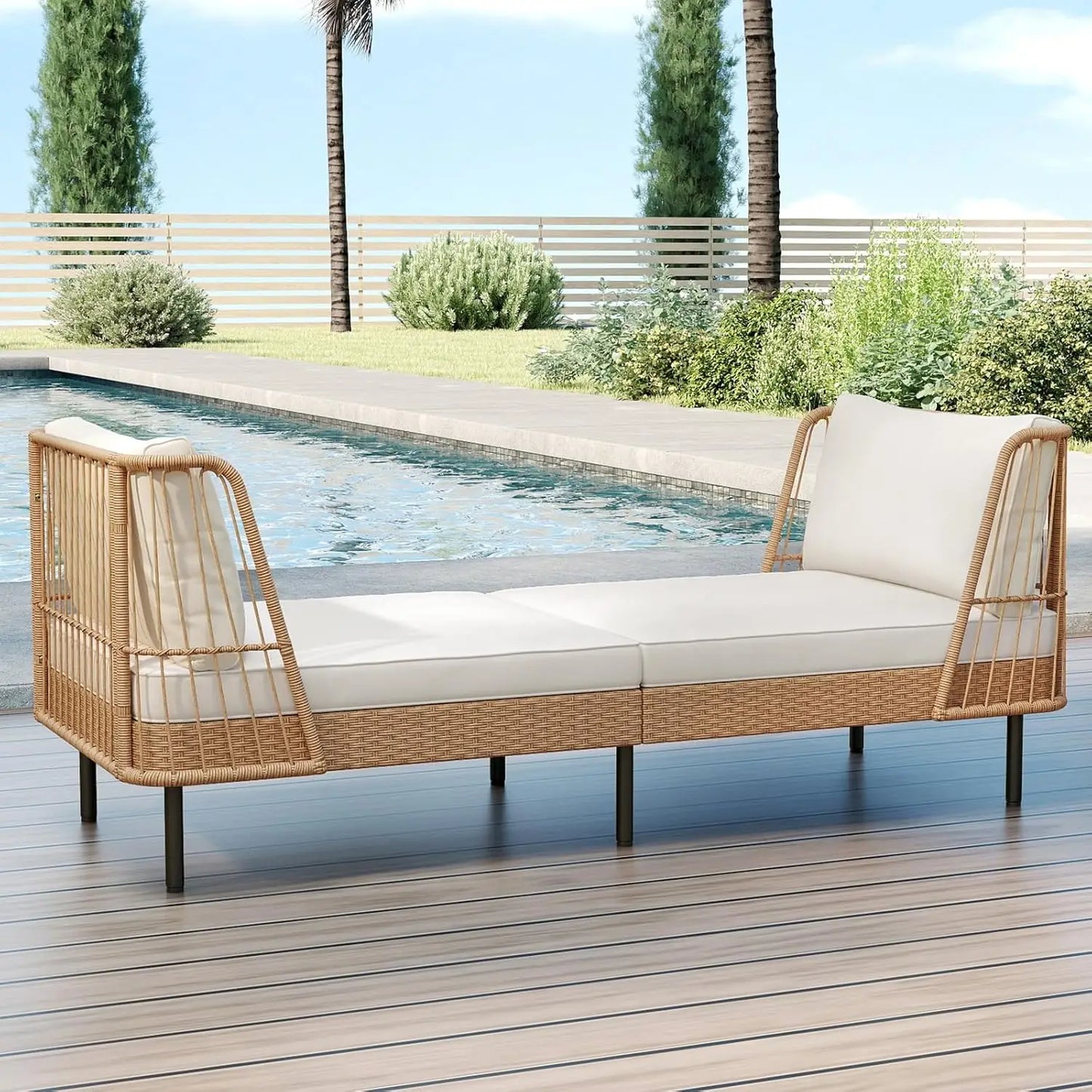 Patio Rattan Daybed, Boho Outdoor Wicker Lounge Sofa with Seat & Back Cushions, 2-Seat Bench Sun Lounger Chair with, Customized