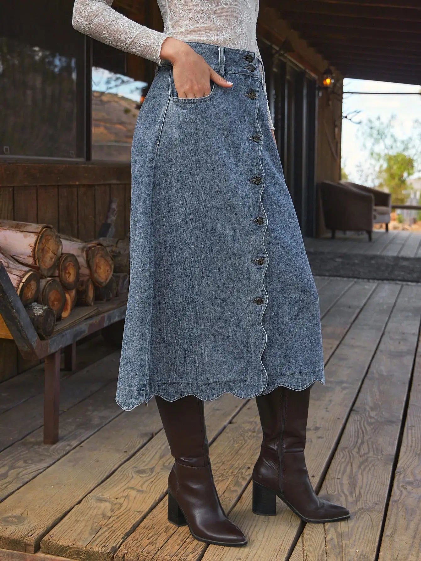 High Waist Scalloped Button Front Denim Midi Skirt For Women