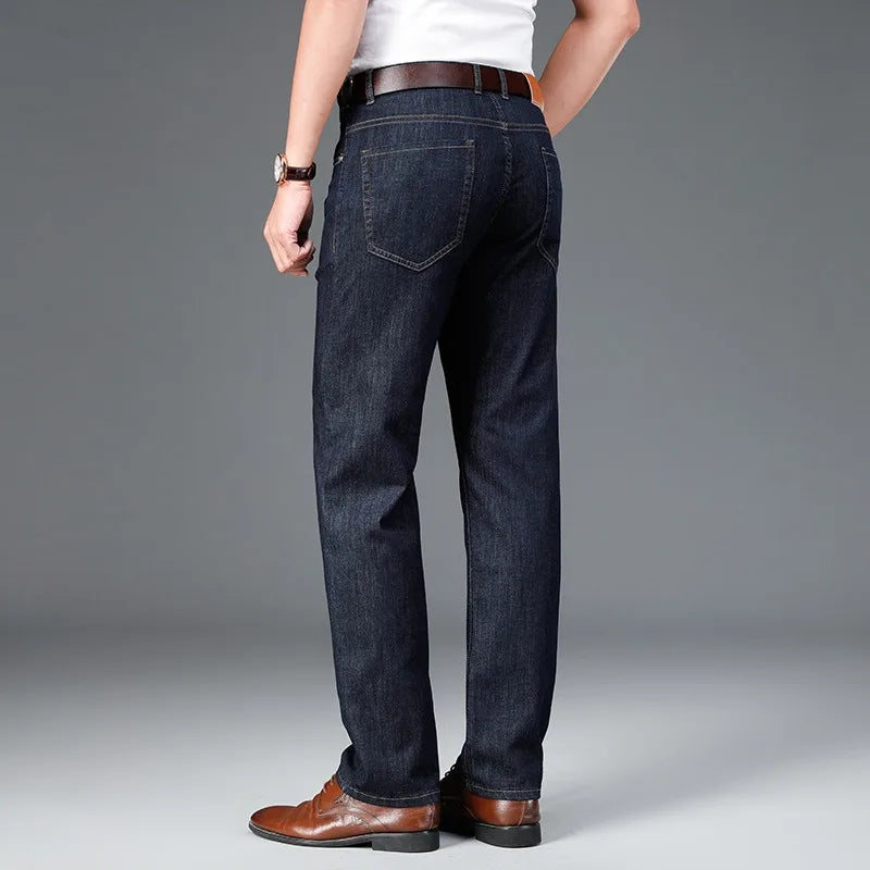 BROWON Brand Smart Casual Mens Denim Pant Straight Full Length Mid Waist Thin Soft Business Summer Jeans for Man