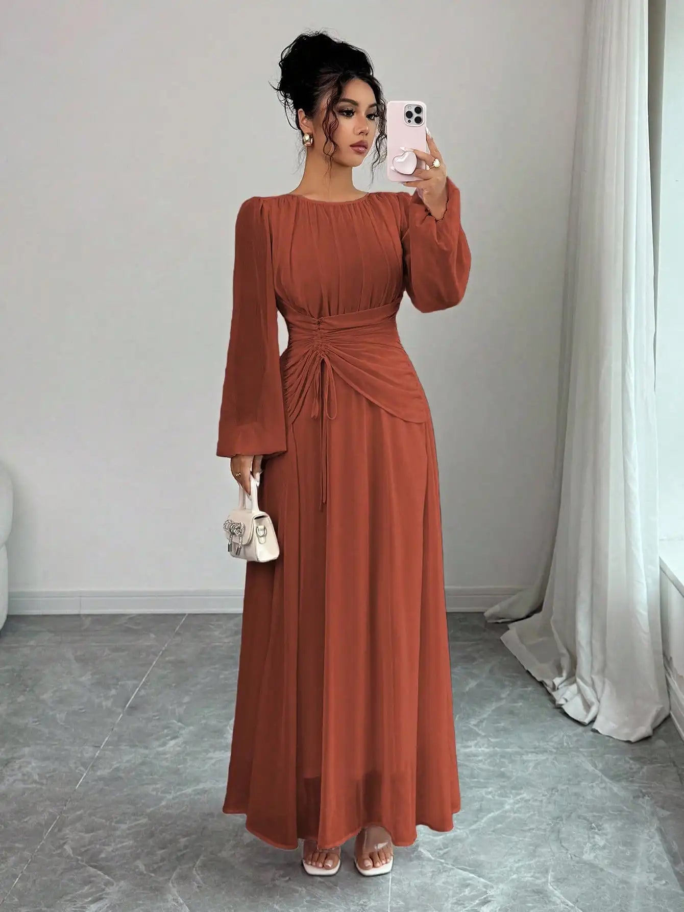 Women's Spring Summer Romantic Elegant Ruched Waist A-Line Long Sleeve Maxi Dress