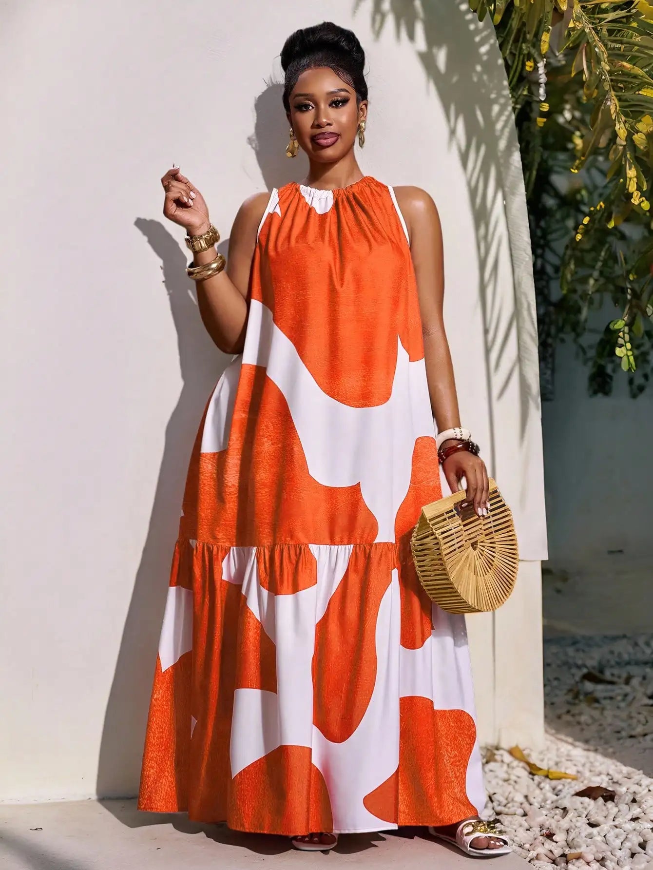 Plus Size Sleeveless Tiered Maxi Dress With Red White Abstract Print A-Line Cut