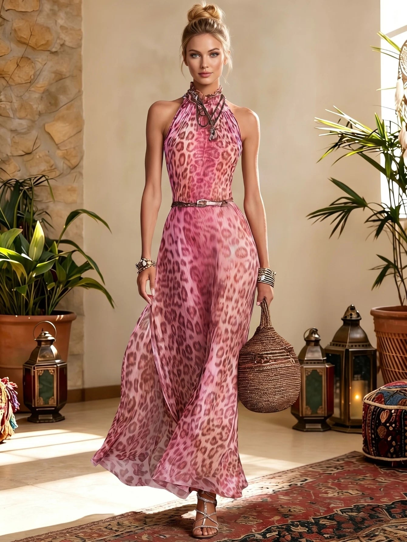 Women's Halter Sleeveless Leopard Print Flowy Maxi Dress For Travel Vacation Outdoor Weekend Casual Fashion Occasions