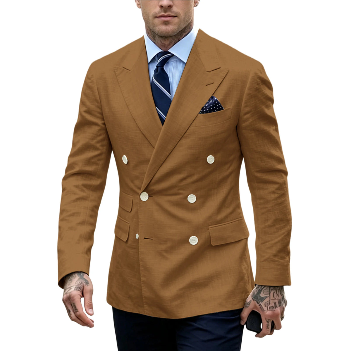 Men's Double Breasted Blazer Slim Fit Linen Suit Jacket Formal Business Casual Tuxedo for Wedding Prom Office Party Daily Wear