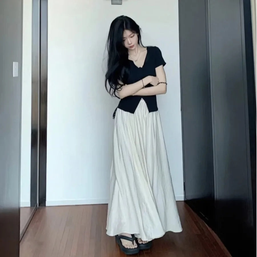【HOT】A-line big swing culottes summer forest texture pleated skirt small man lazy mid-style long dress pleated