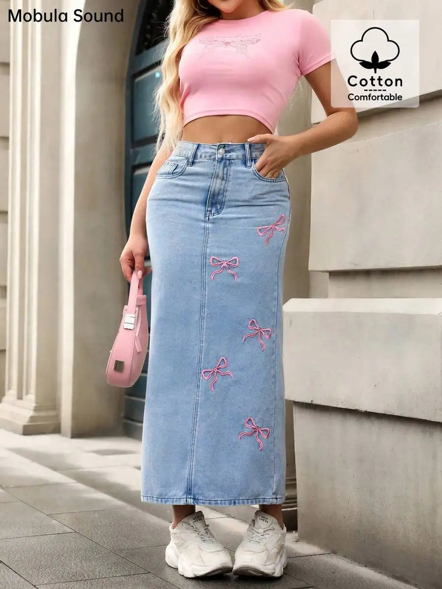 Cute Pink Bow Embroidered Bodycon Denim Midi Skirt for Women