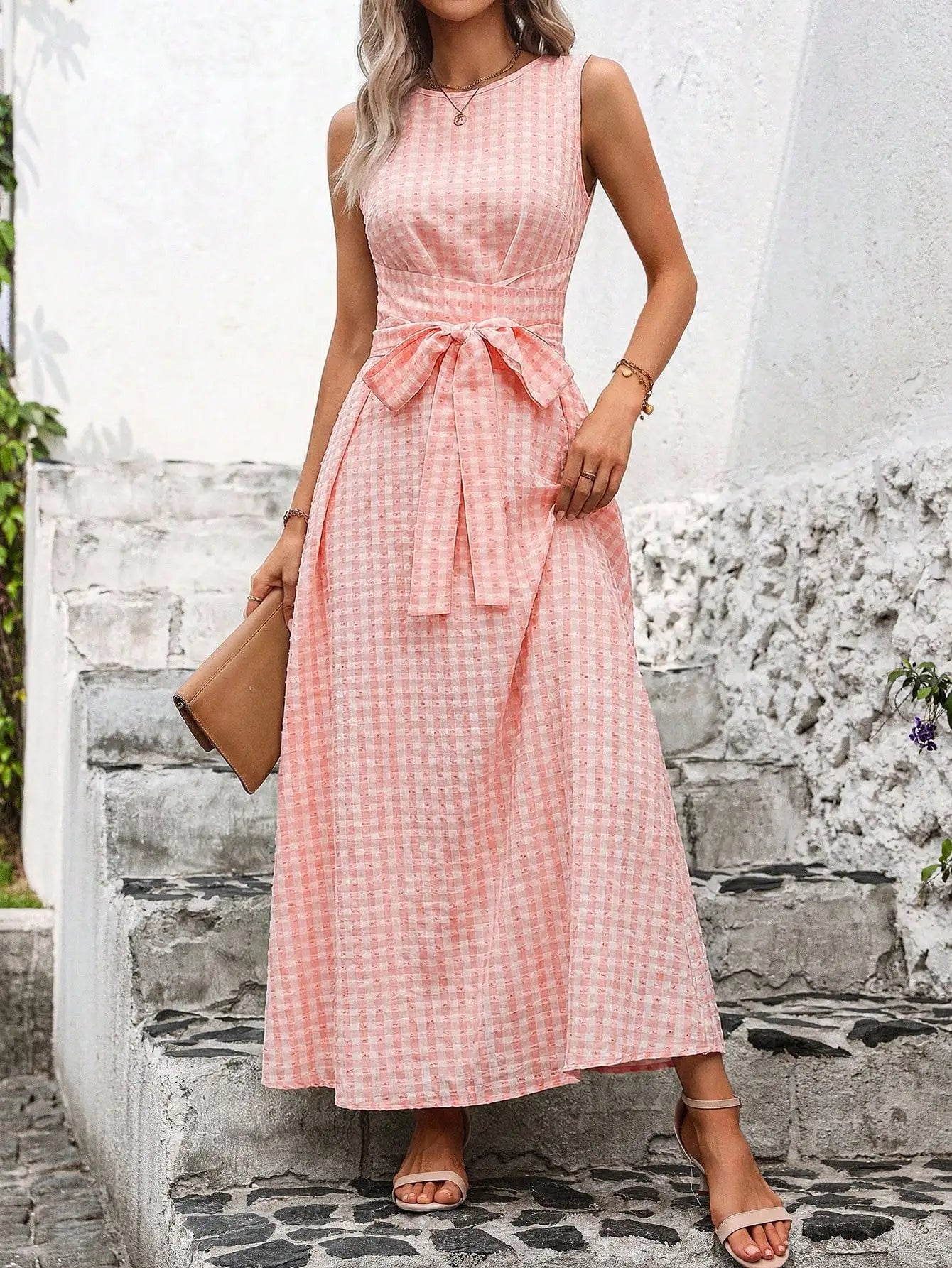 Women's Round Neck Plaid Knotted Waist A-Line Dress For Party Casual Outing