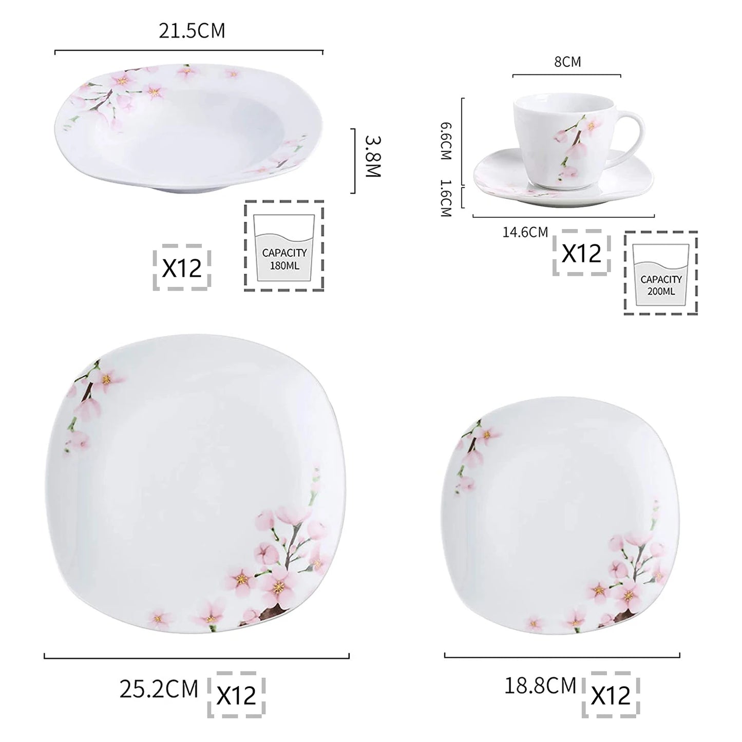 Malacasa Annie Porcelain Dinnerware Set With Plates Cups Saucers