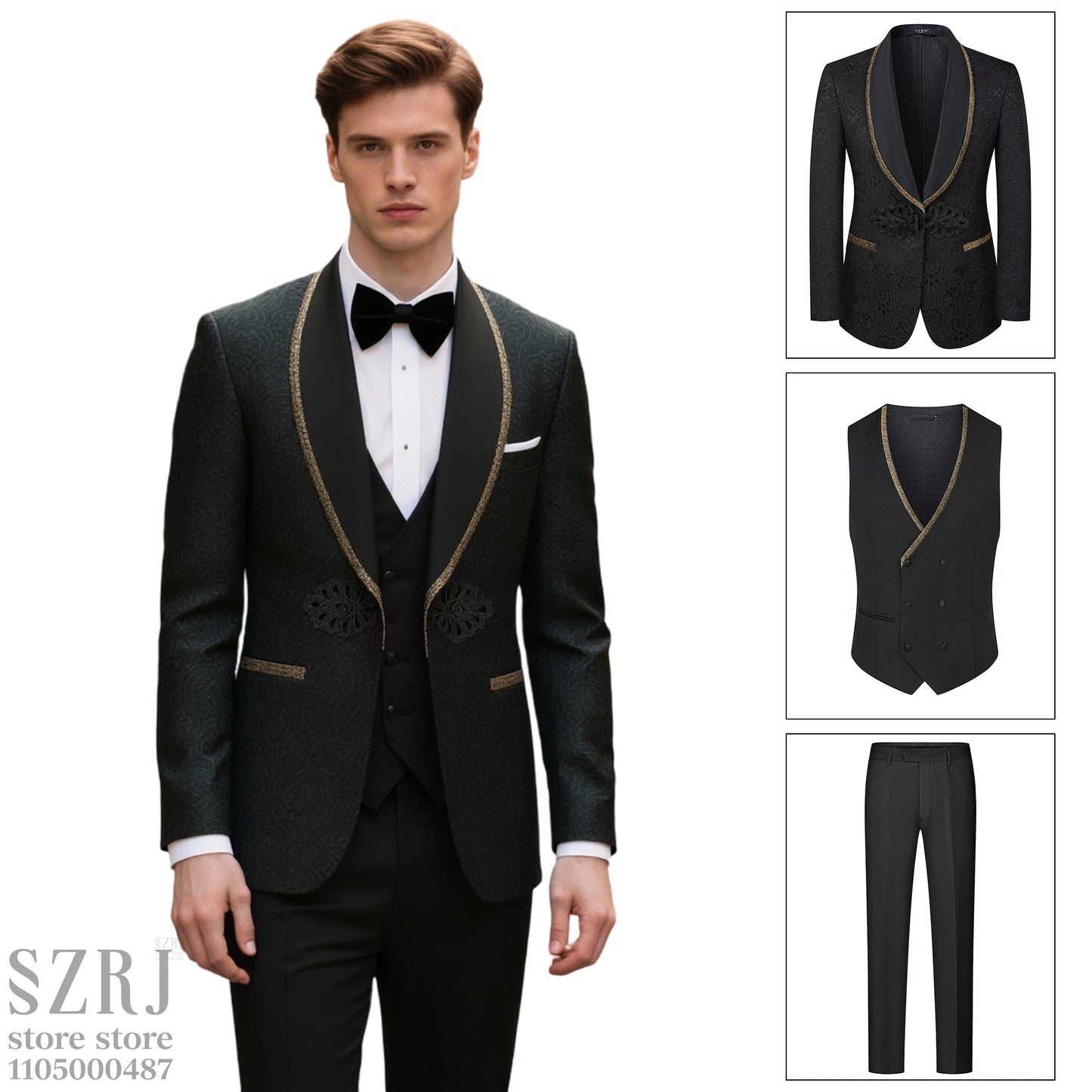 Men's Formal Tuxedo Set With Shawl Collar, Vest And Trousers
