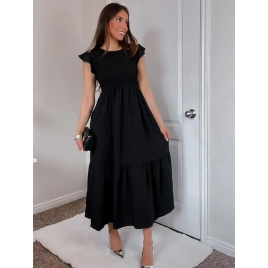 OFEEFAN Women's Casual Maxi Dresses with Pockets Ruffle Sleeve Smocked Dress XS-2XL