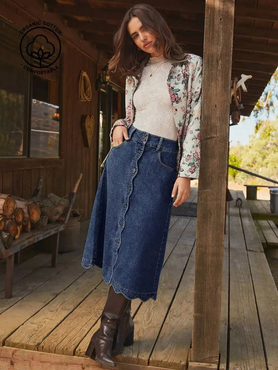 High Waist Scalloped Button Front Denim Midi Skirt For Women