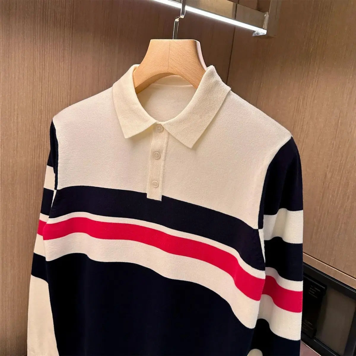 Mens Knit Polo Shirt Long Sleeve Anti Wrinkle Casual Pullover