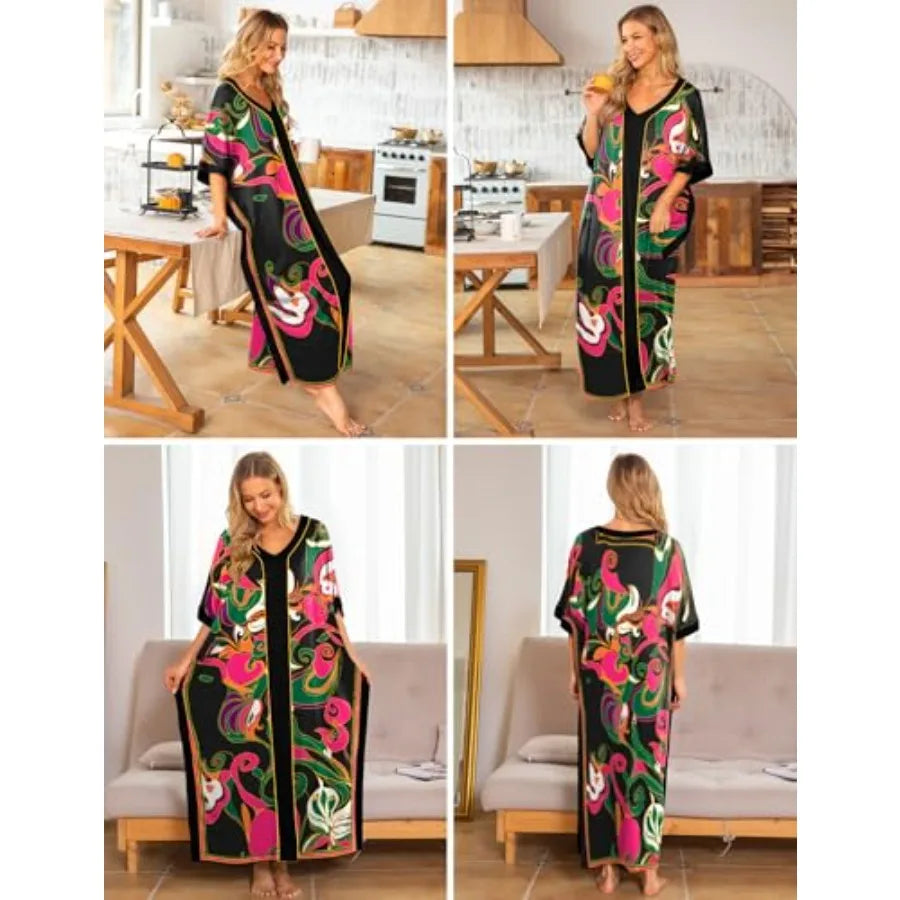 Bloggerlove Women Nightgowns Cotton Caftan House Dress Short Sleeve Sleepwear Vacation Beach Moo Moos Dress with Pockets