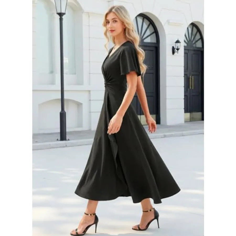 QMZ Wedding Guest Dresses for Women Have Pockets Cocktail Dress Ruffle Sleeve A Line Evening Party Formal Dresses for Women