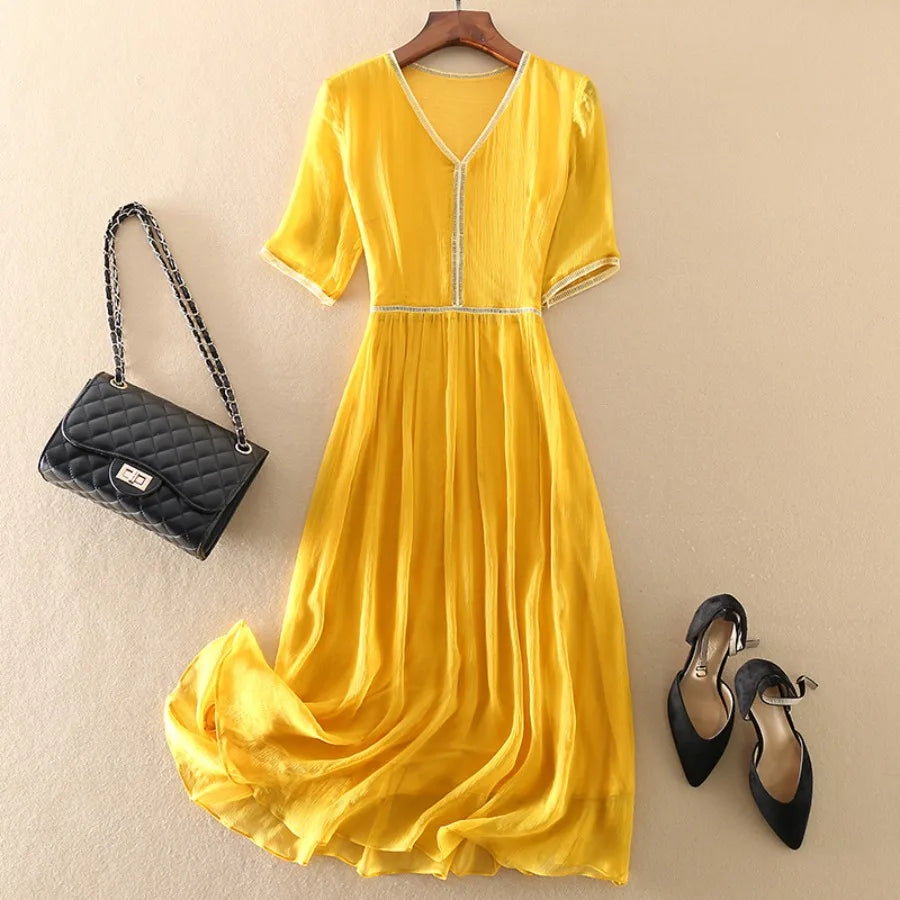 【New style】Summer new mulberry silk silk dress women's medium and long slim and high-end feel one piece for  on behalf of China