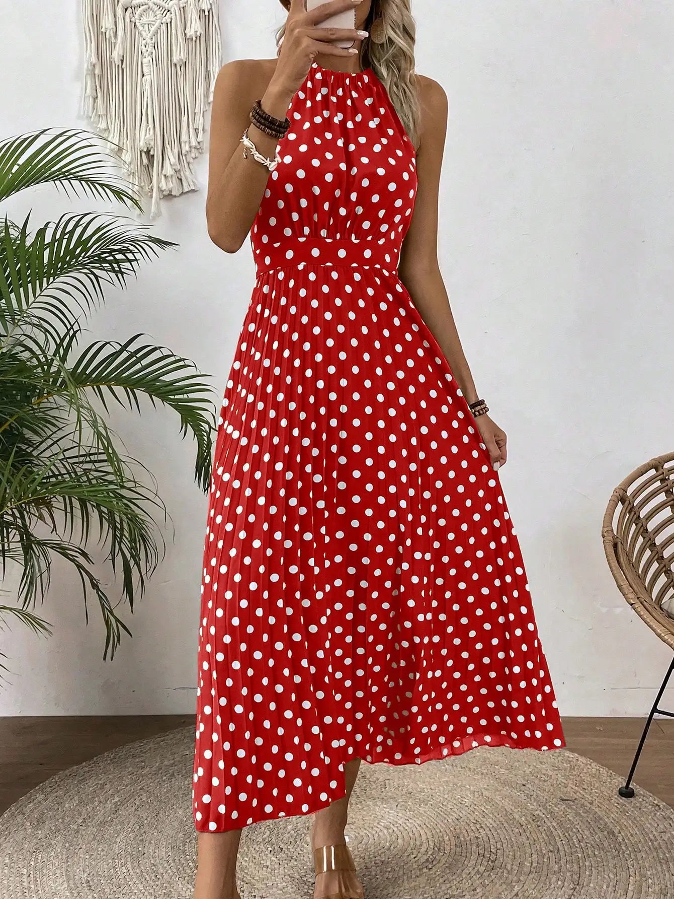 Women Polka Dot Halter Sleeveless Pleated Maxi Dress Beach Vacation Outfit