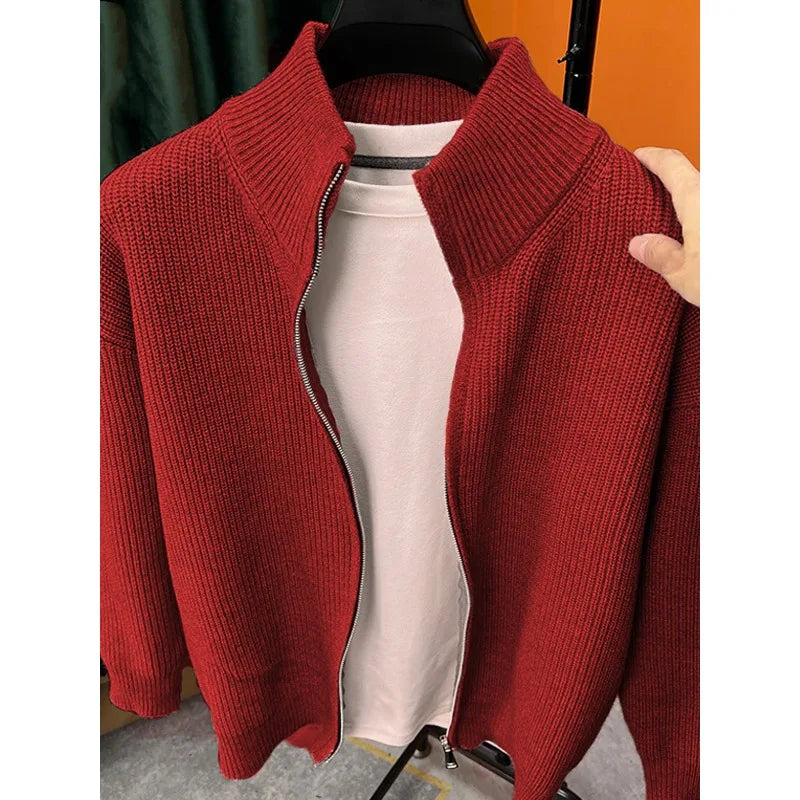 Zipper Cardigan For Men Standup Collar Knit Sweater Autumn Winter