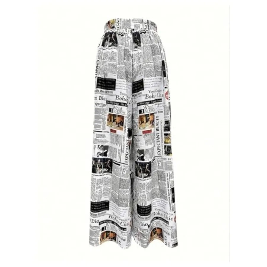 WDIRARA Women's Newspaper Print Wide Leg Pants Elastic Waist Loose Funky Letter Print Palazzo Pants