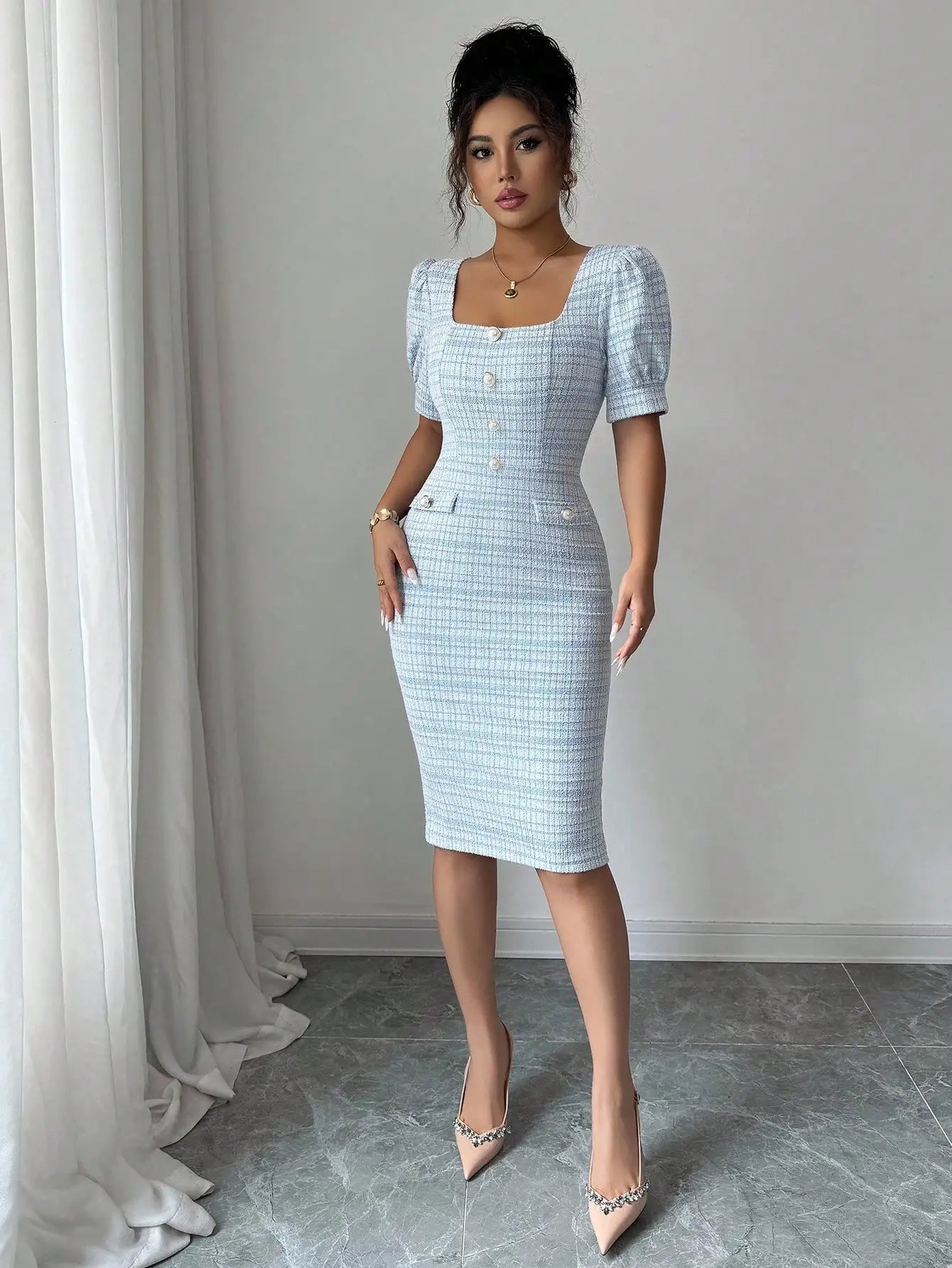 Elegant Plaid Puff Sleeve Square Neck Bodycon Dress For Women