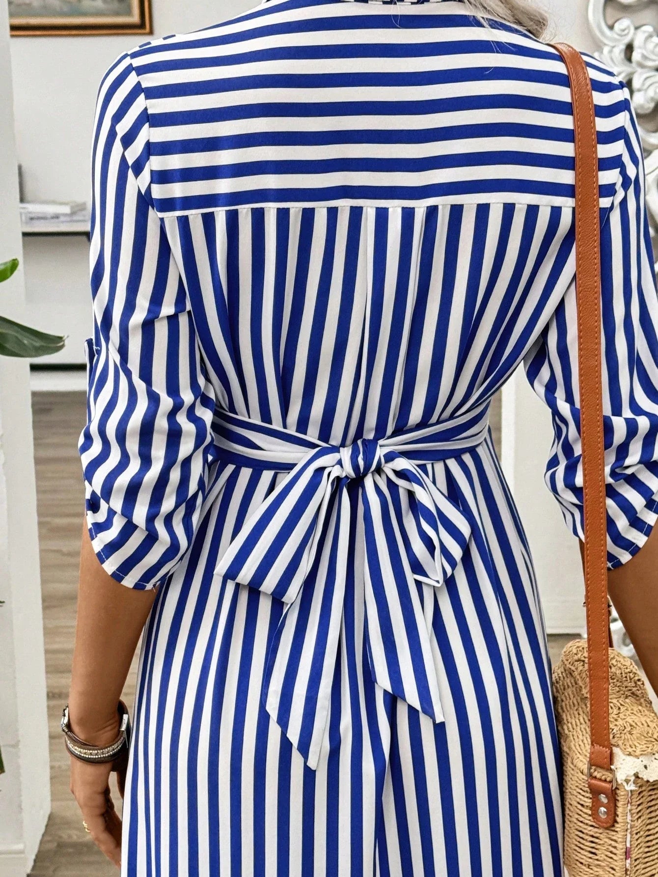 Blue And White Striped Twist Front Midi Dress With Belt