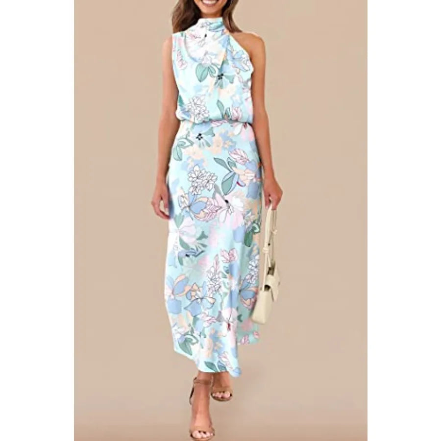 PRETTYGARDEN Women's 2026 Summer Satin Dress Elegant Sleeveless Mock Neck Cocktail Party Maxi Dresses